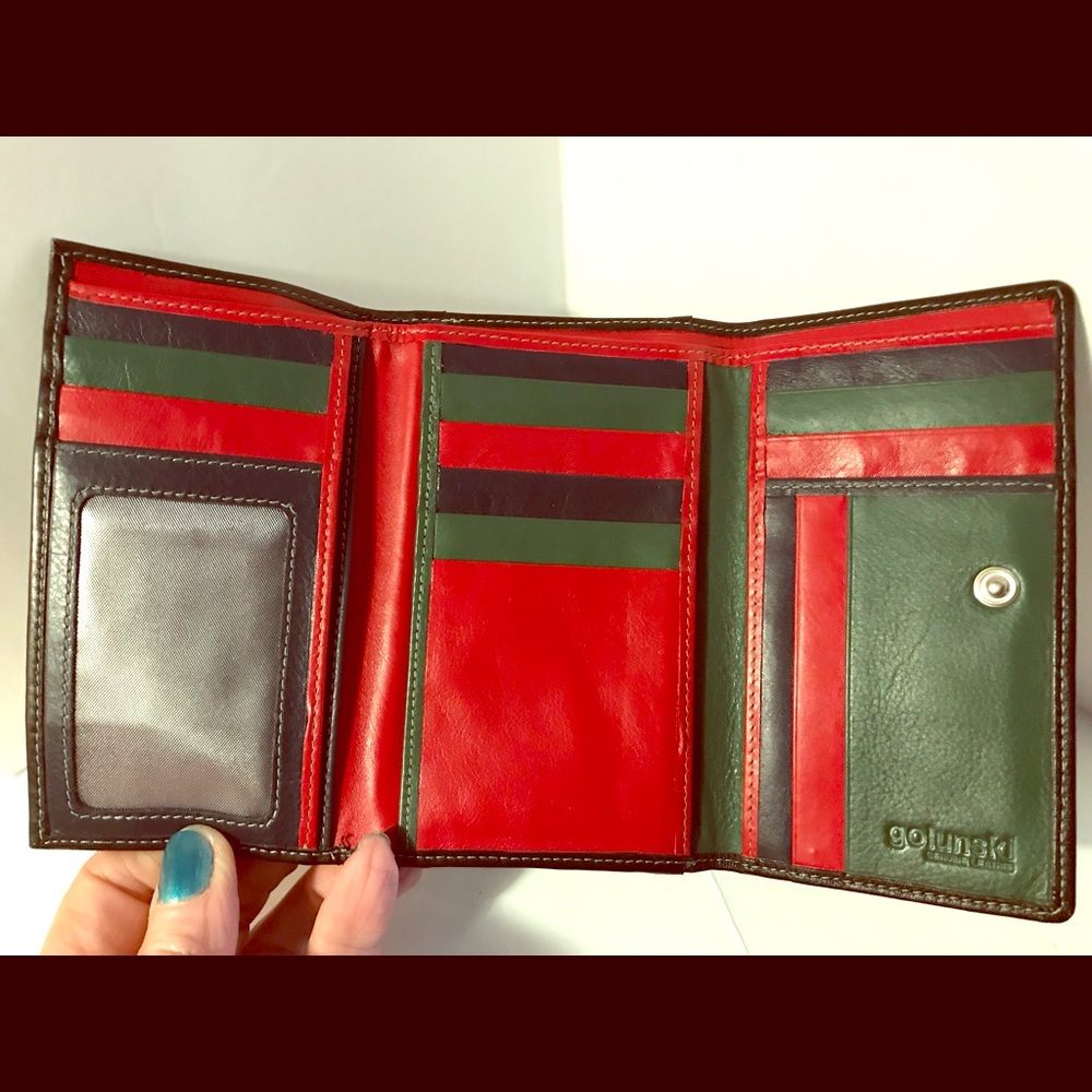 Golunski Leather Trifold Wallet. Blk, Red, Green.